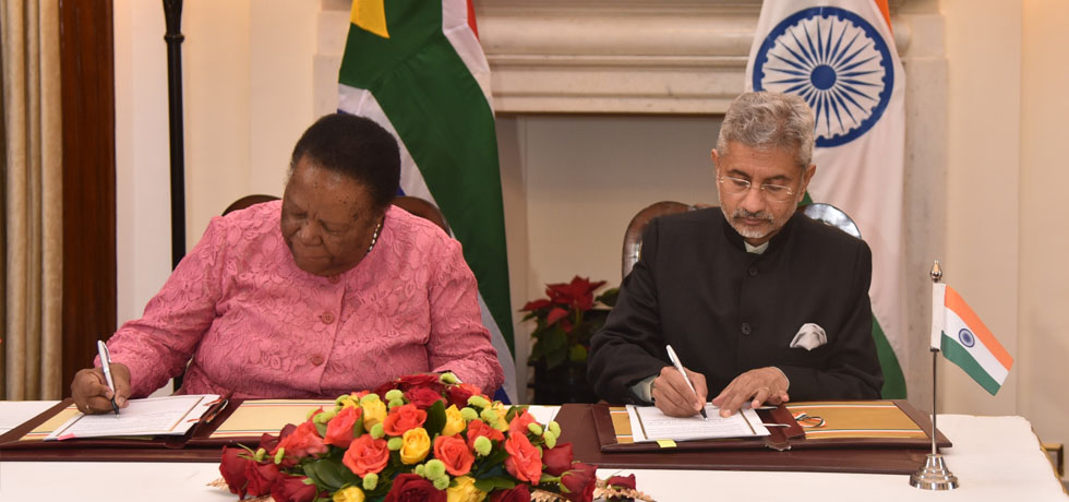 External Affairs Minister and Dr. GNM Pandor, Minister of International Relations and Cooperation of South Africa sign agreement during the 10th India-South Africa Joint Ministerial Commission (JMC) in New Delhi. 