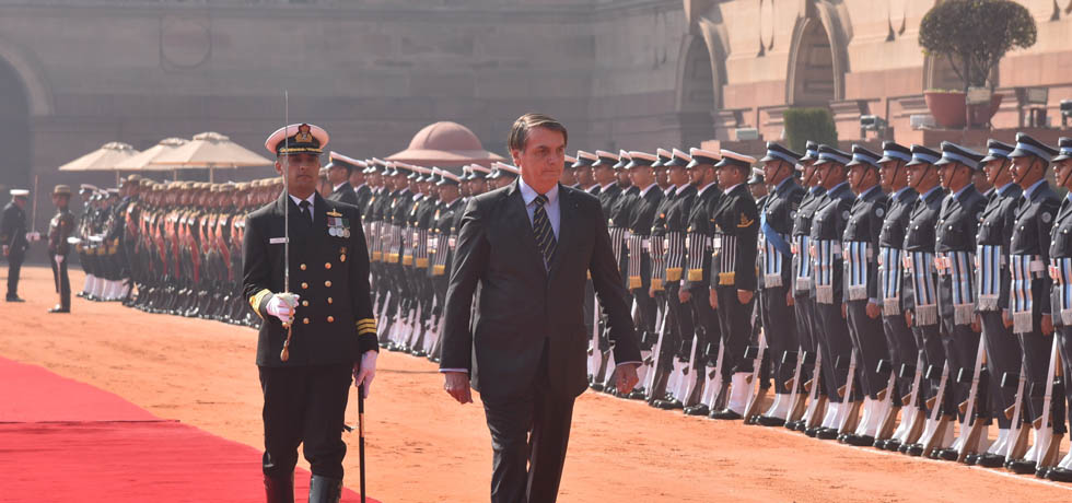 Jair Messias Bolsonaro, President of Brazil inspects Guard of Honour during Ceremonial Welcome at Rashtrapati Bhawan, New Delhi 