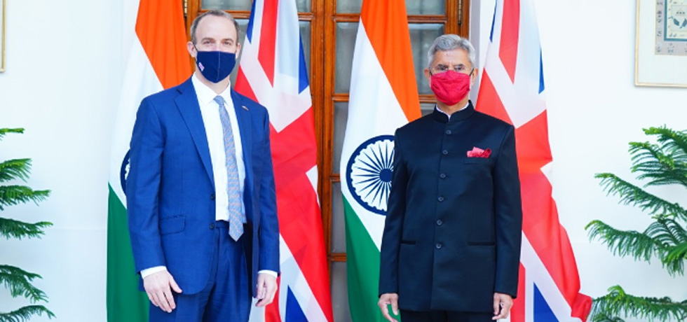 External Affairs Minister meets Dominic Raab, Foreign Secretary of UK at Hyderabad House, New Delhi