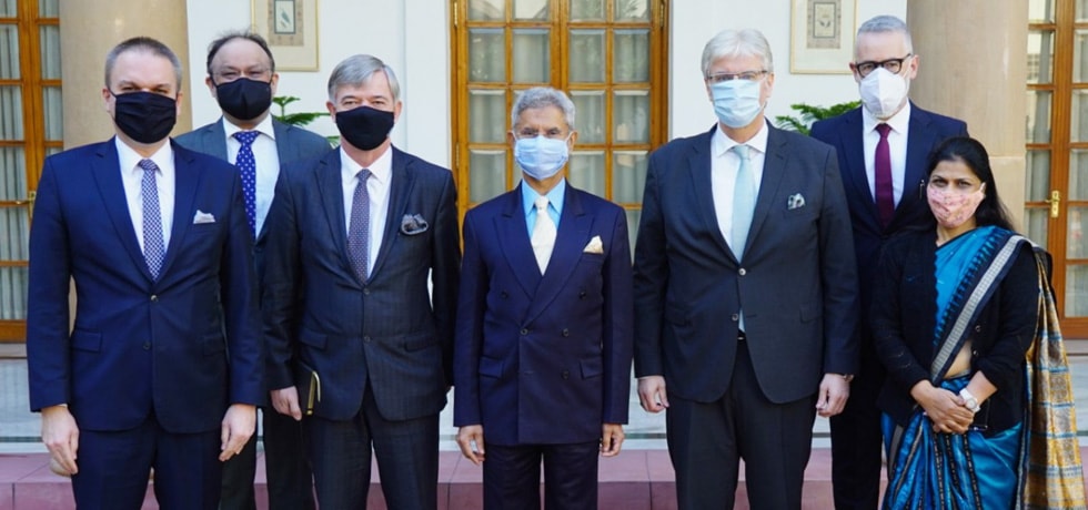 External Affairs Minister with the Ambassadors of Poland, Czech Republic, Slovakia and Hungary at Hyderabad House