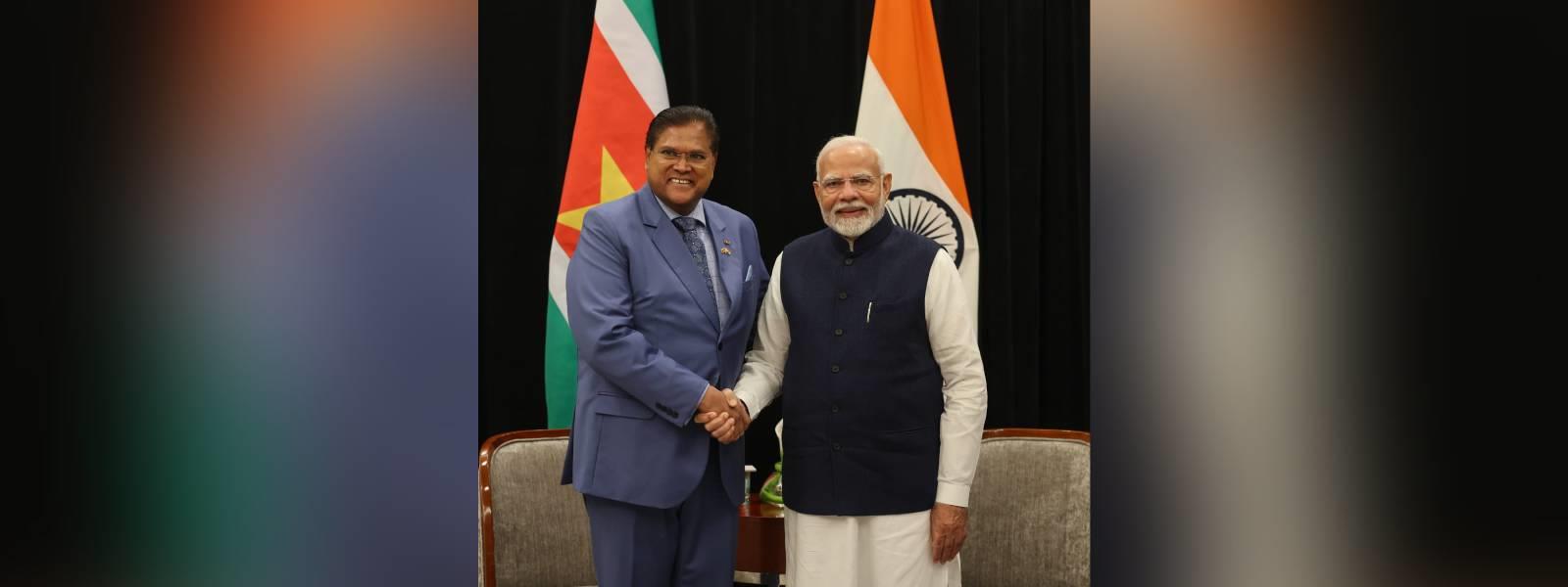 Prime Minister Shri Narendra Modi met H.E. Mr. Chandrikapersad Santokhi, President of Suriname on the sidelines of the 2nd India-CARICOM Summit in Georgetown